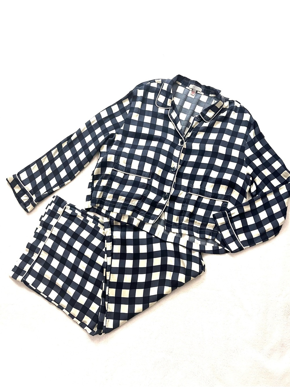 J. Crew Soft Shine Silky Pajama Pant Set in Navy & White Gingham- Size L